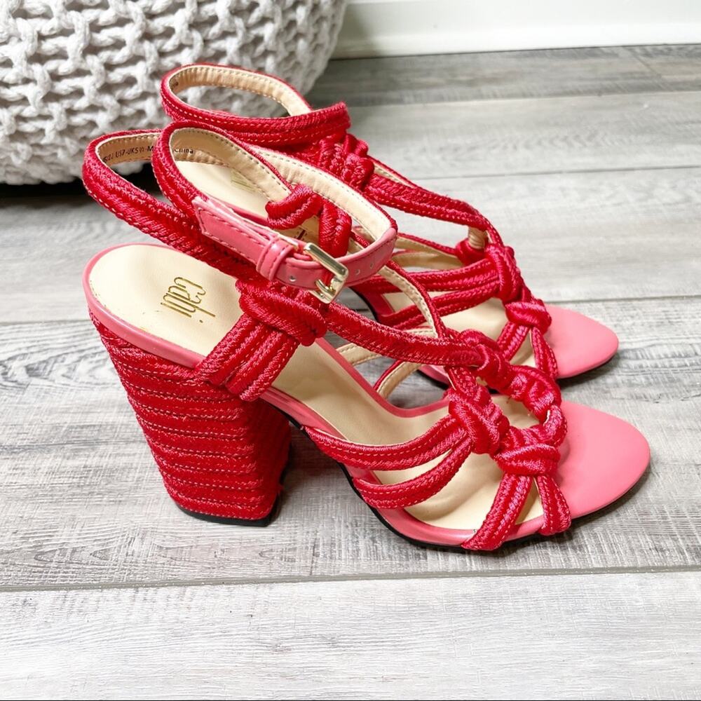 Cabi Tiptoe Knotted Rope Strappy Heeled Sandals Hibiscus Red Size 7M
